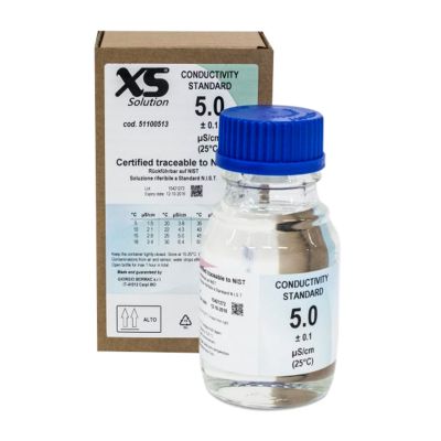 Glass bottle containing 300 ml of conductivity calibration solution, N.I.S.T. certified